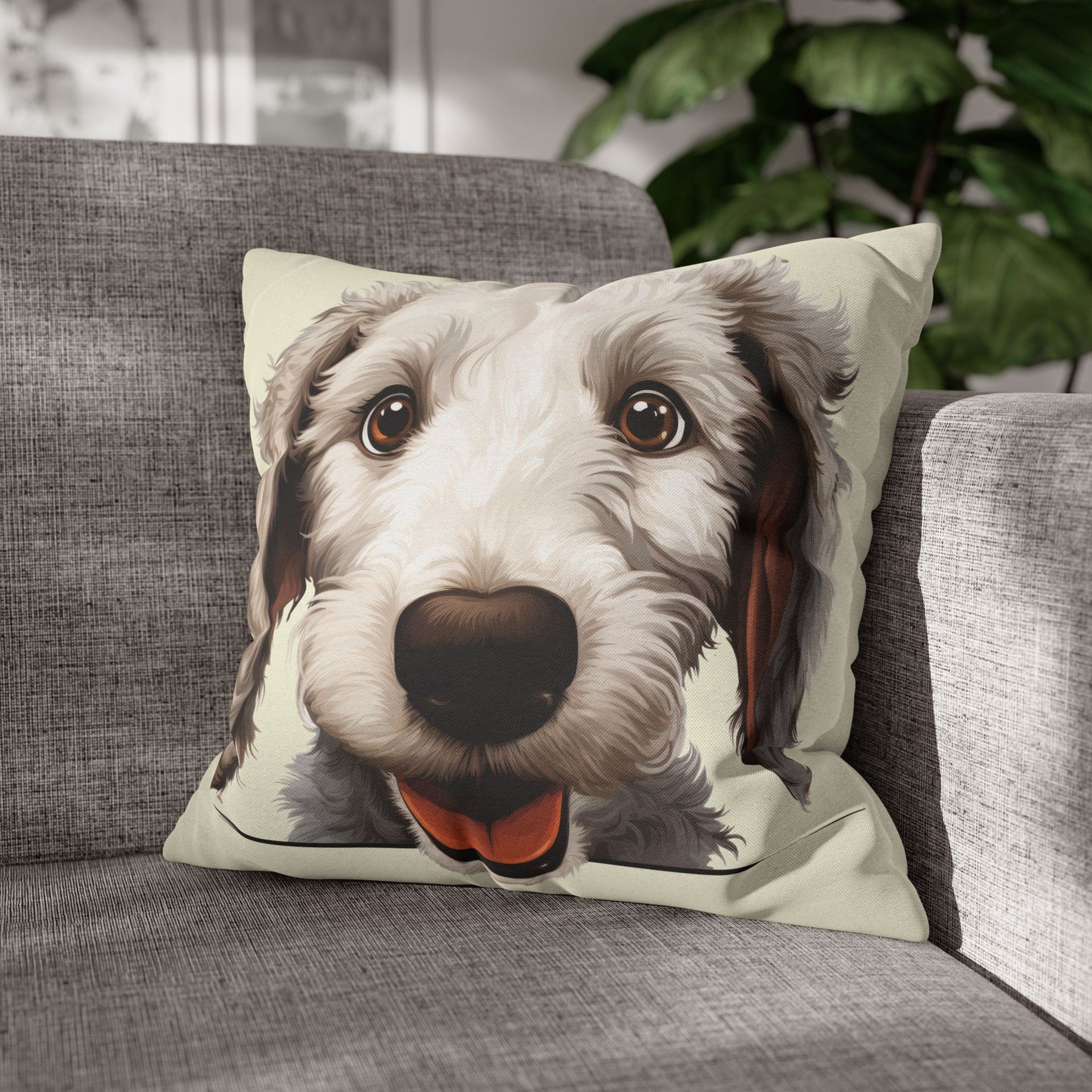 Bedlington Terrier Face Throw Pillow — Whimsical Pet Portrait Cushion Cover