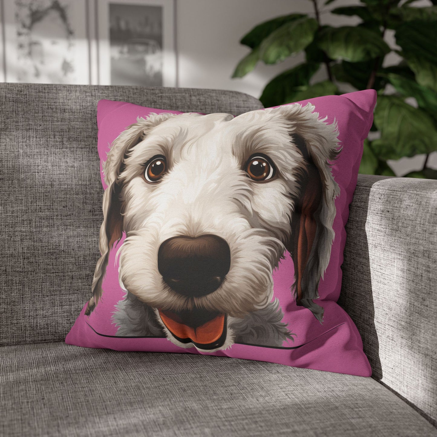 Bedlington Terrier Face Throw Pillow — Whimsical Pet Portrait Cushion Cover