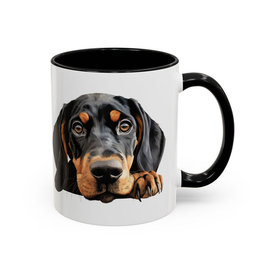 Black and Tan Coonhound Accent Coffee Mug — Cute Pawing Dog Face 11/15oz