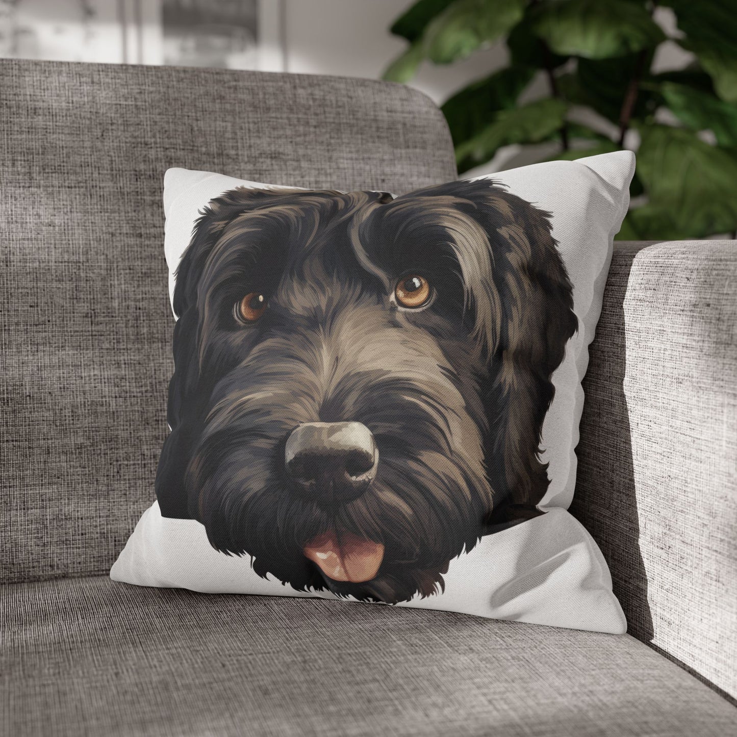 Black Russian Terrier Face Throw Pillow — Cute Dog Portrait Decorative Pillowcase