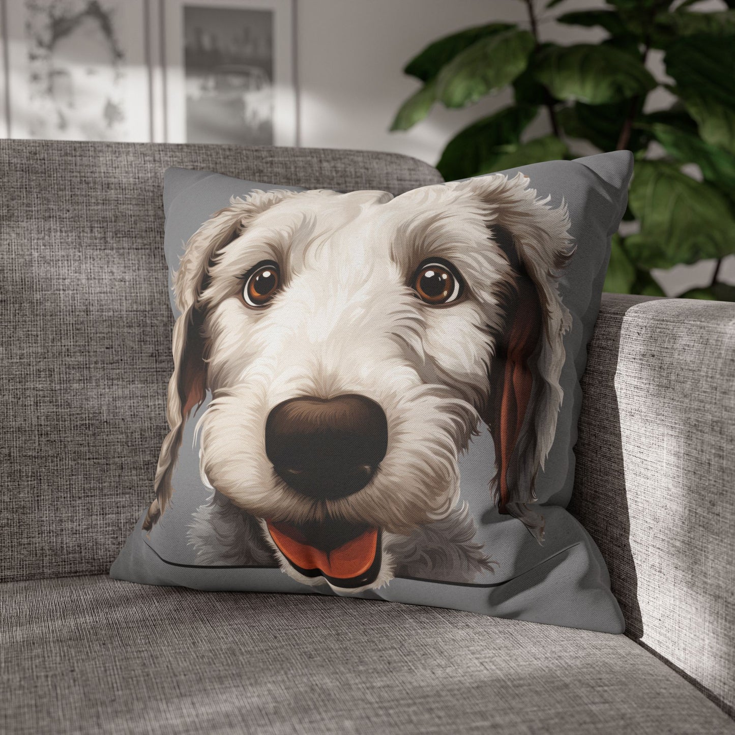 Bedlington Terrier Face Throw Pillow — Whimsical Pet Portrait Cushion Cover