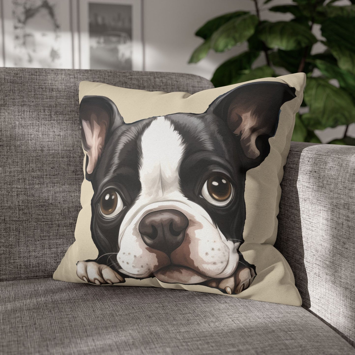 Boston Terrier Decorative Throw Pillow - Cute Peeking Dog Accent Cushion