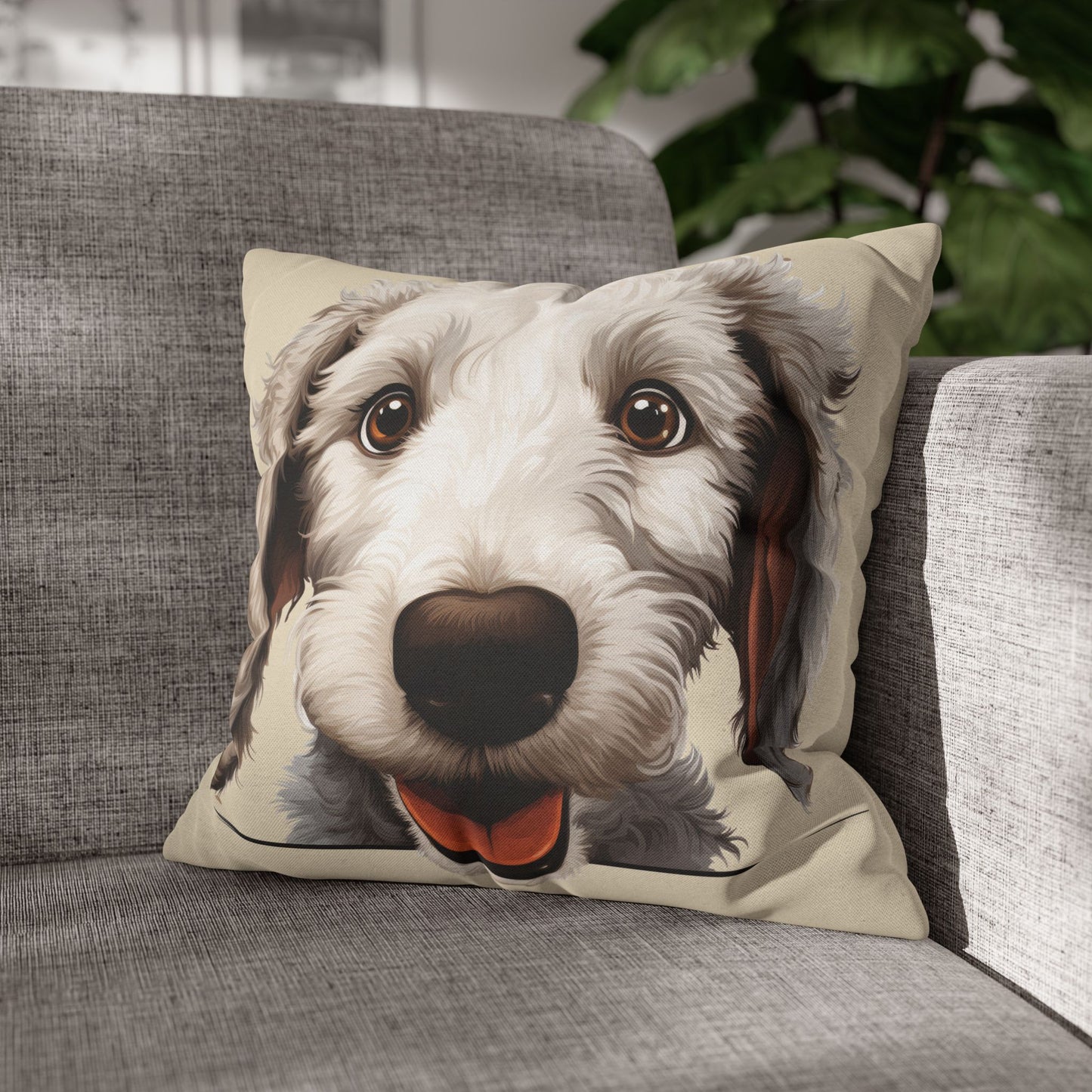 Bedlington Terrier Face Throw Pillow — Whimsical Pet Portrait Cushion Cover