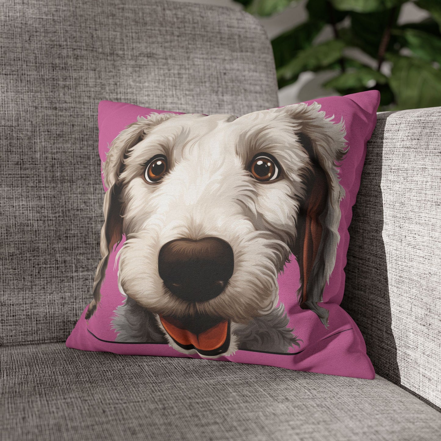 Bedlington Terrier Face Throw Pillow — Whimsical Pet Portrait Cushion Cover