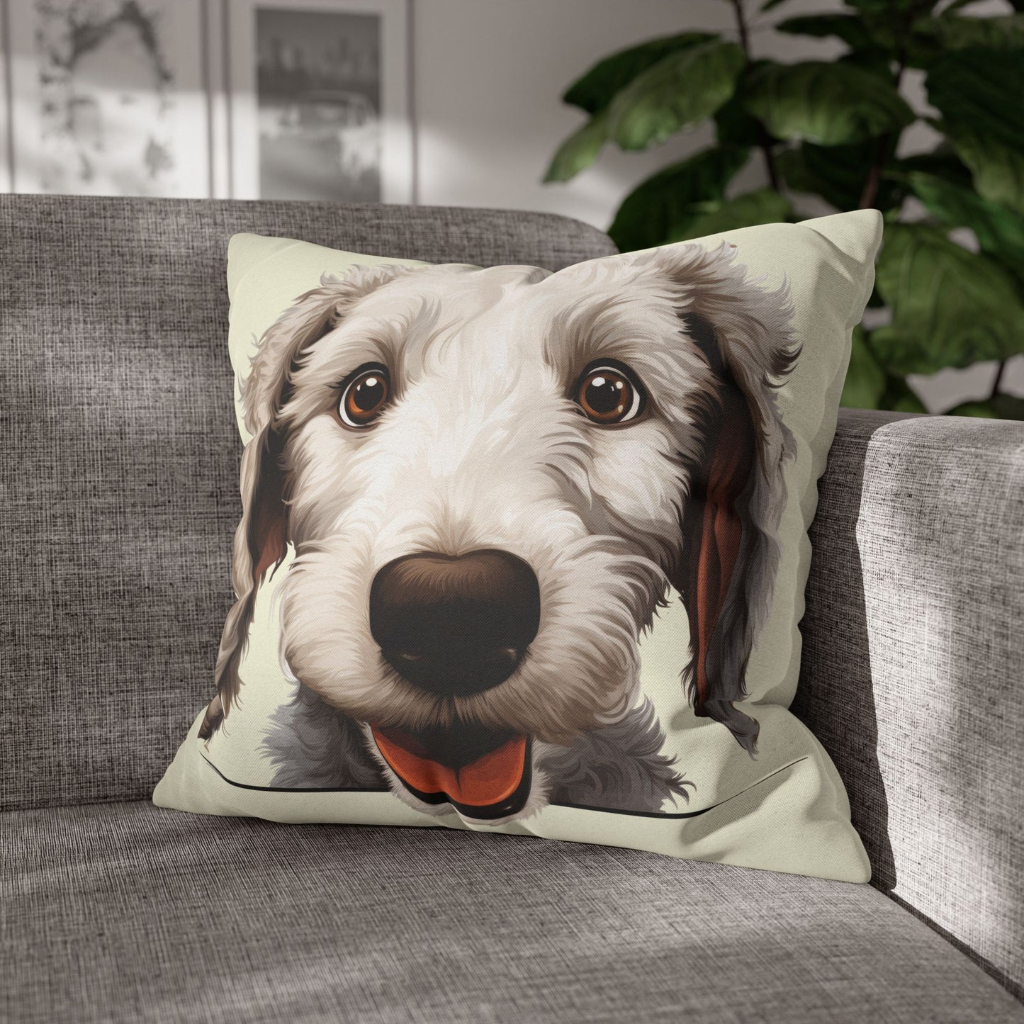 Bedlington Terrier Face Throw Pillow — Whimsical Pet Portrait Cushion Cover