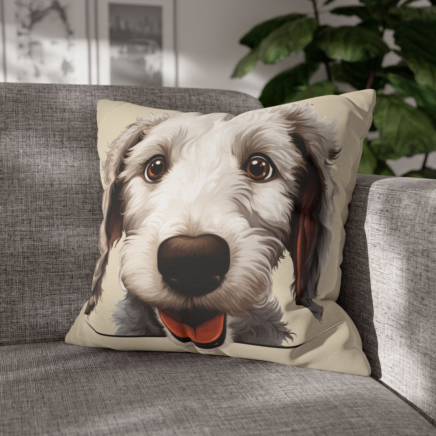 Bedlington Terrier Face Throw Pillow — Whimsical Pet Portrait Cushion Cover
