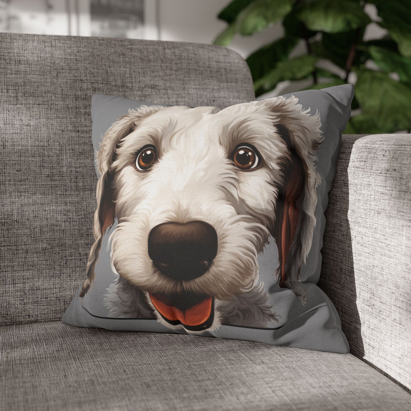 Bedlington Terrier Face Throw Pillow — Whimsical Pet Portrait Cushion Cover