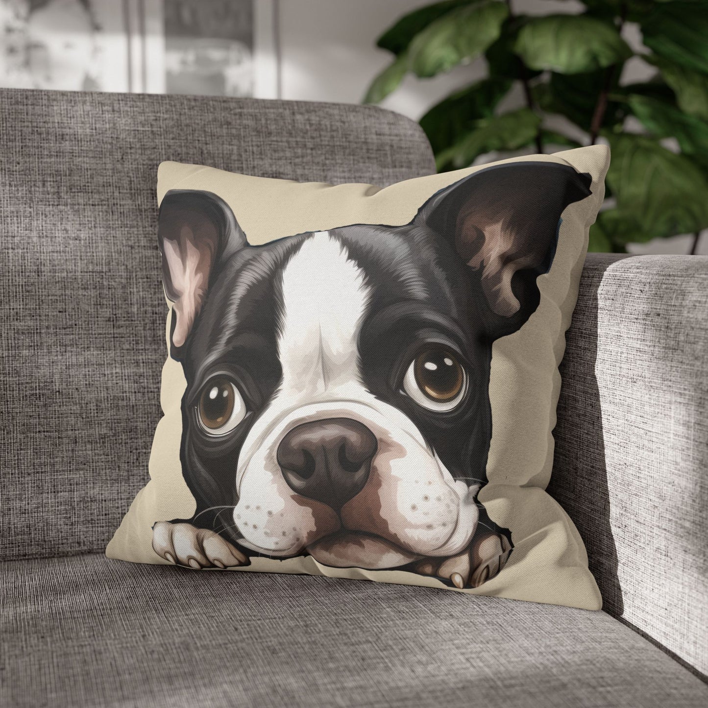 Boston Terrier Decorative Throw Pillow - Cute Peeking Dog Accent Cushion