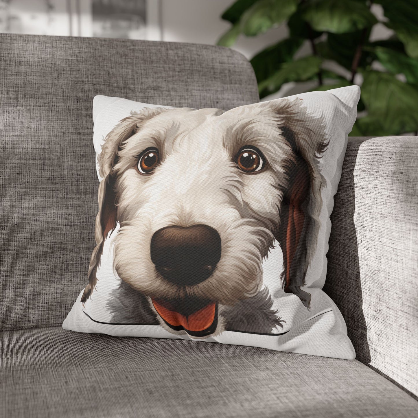 Bedlington Terrier Face Throw Pillow — Whimsical Pet Portrait Cushion Cover