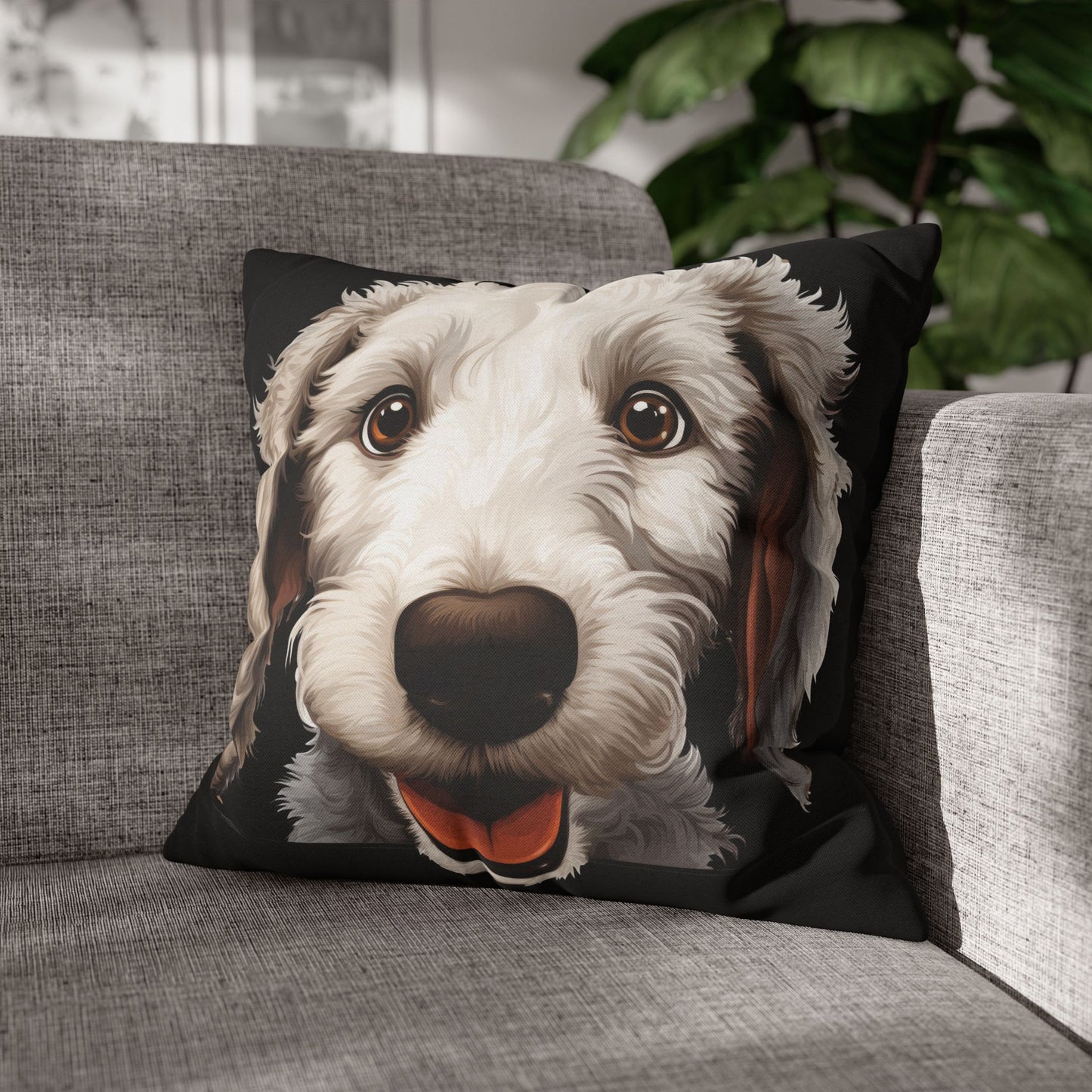 Bedlington Terrier Face Throw Pillow — Whimsical Pet Portrait Cushion Cover