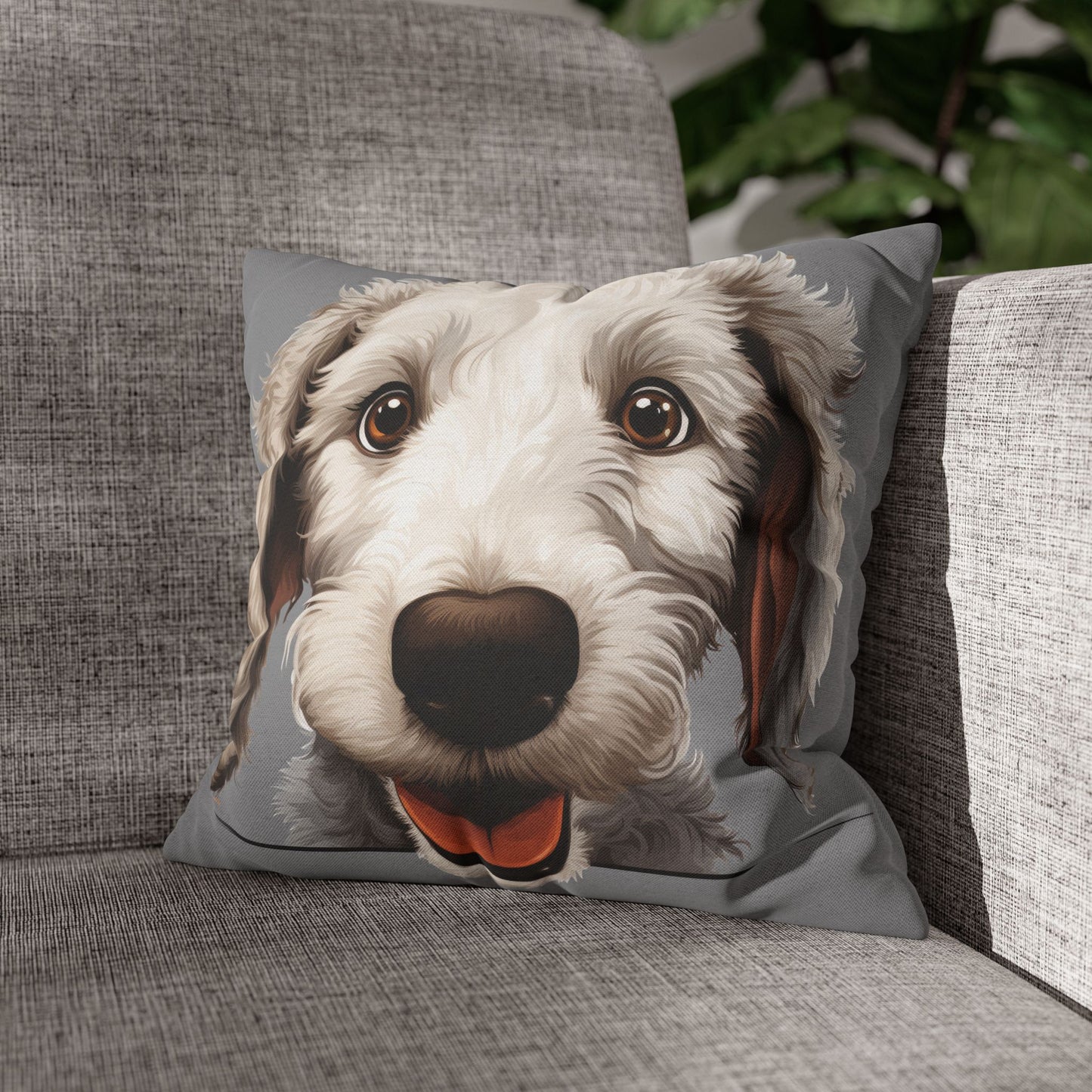 Bedlington Terrier Face Throw Pillow — Whimsical Pet Portrait Cushion Cover