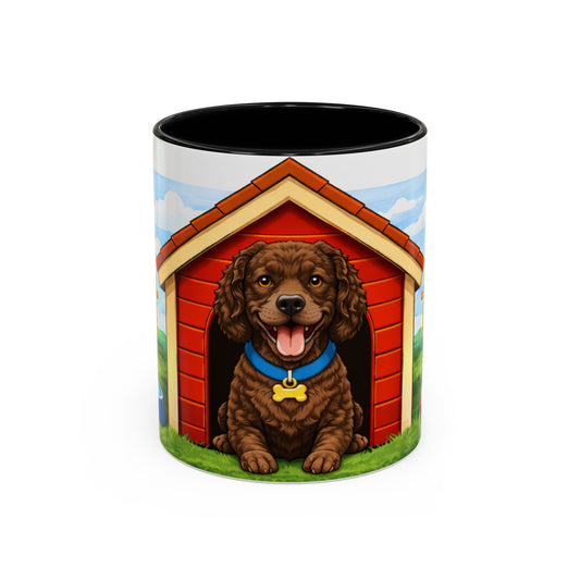 American Water Spaniel Coffee Mug — Cute Brown Puppy in Red Doghouse Accent Mug