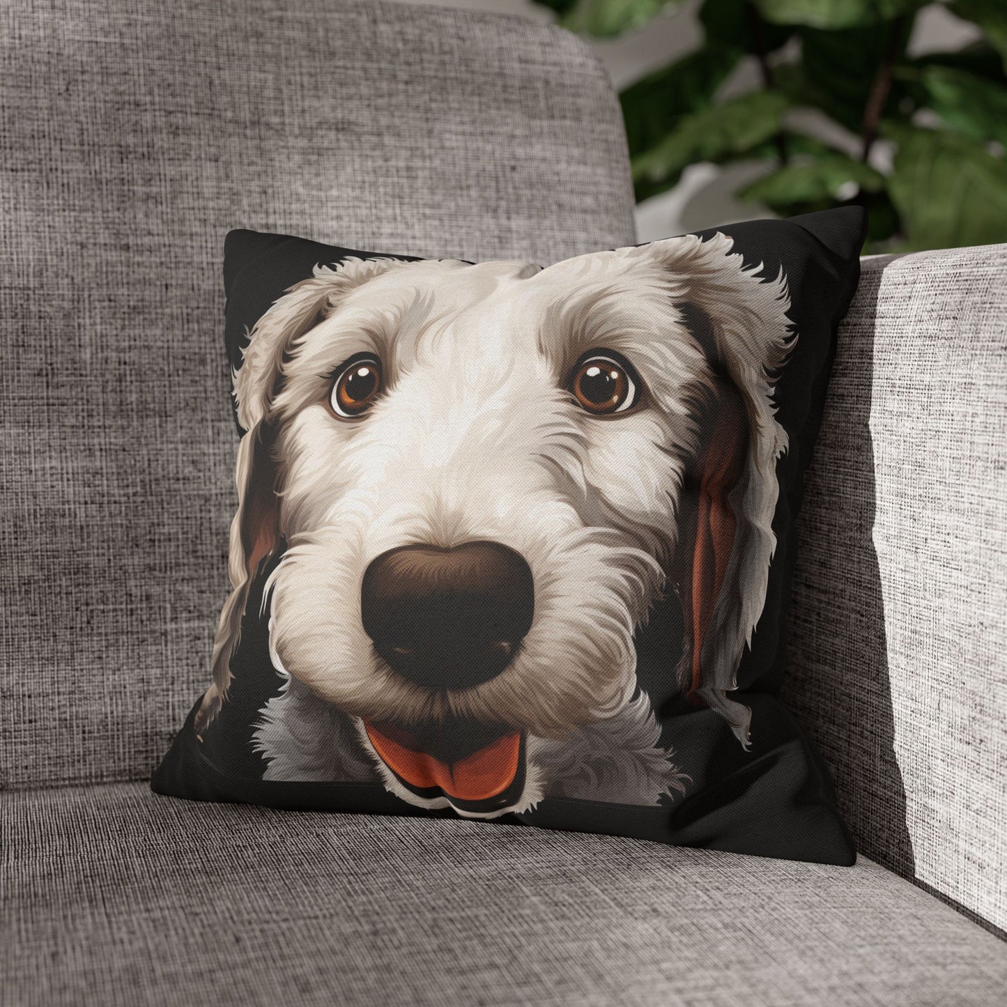 Bedlington Terrier Face Throw Pillow — Whimsical Pet Portrait Cushion Cover