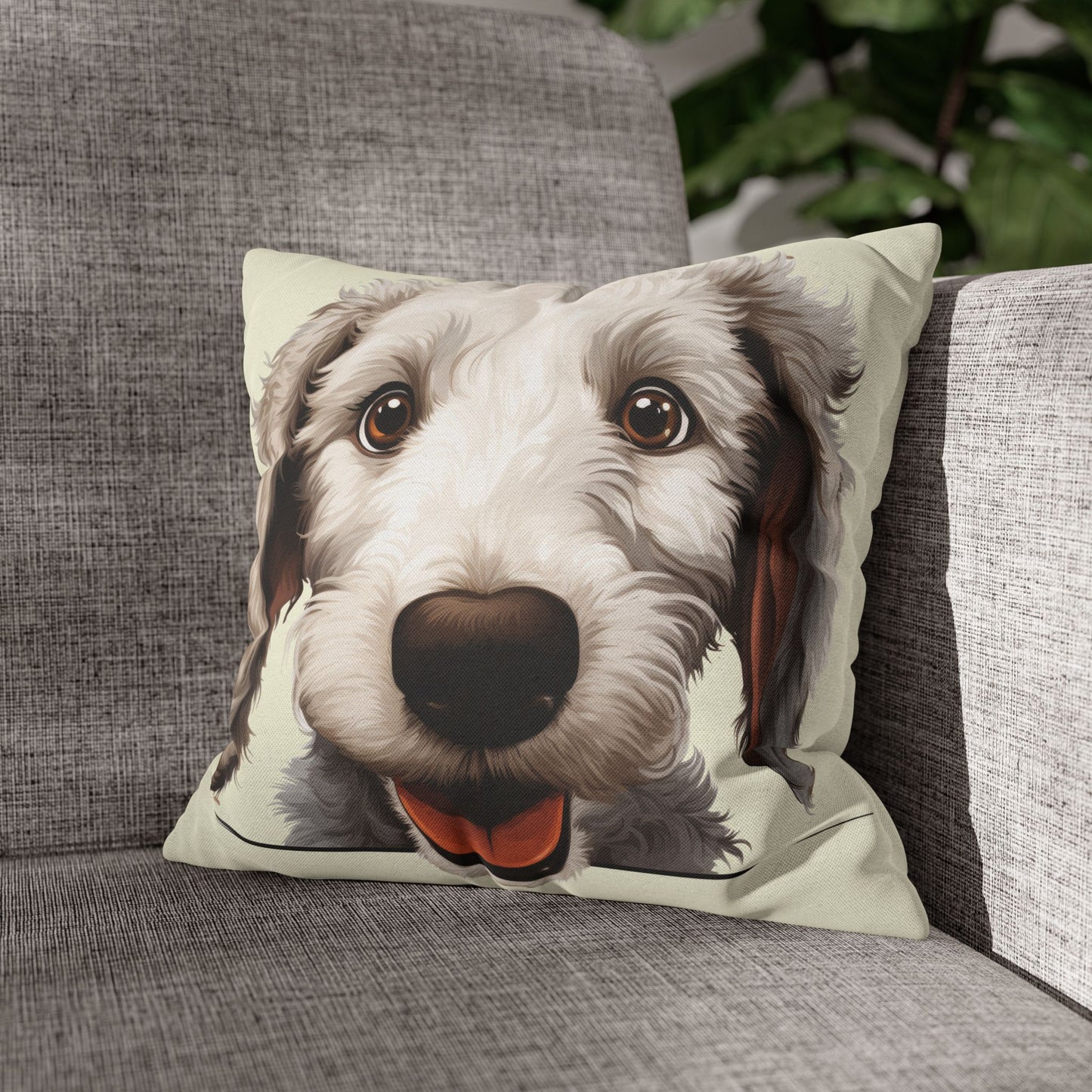 Bedlington Terrier Face Throw Pillow — Whimsical Pet Portrait Cushion Cover