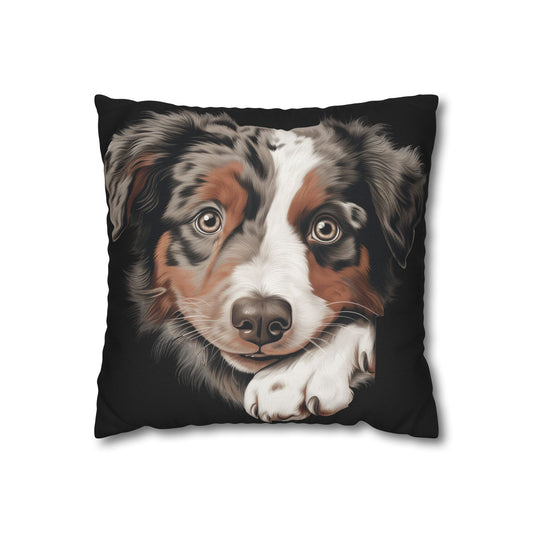 Australian Shepherd Portrait Pillow — Cute Dog Face Decorative Throw Pillowcase