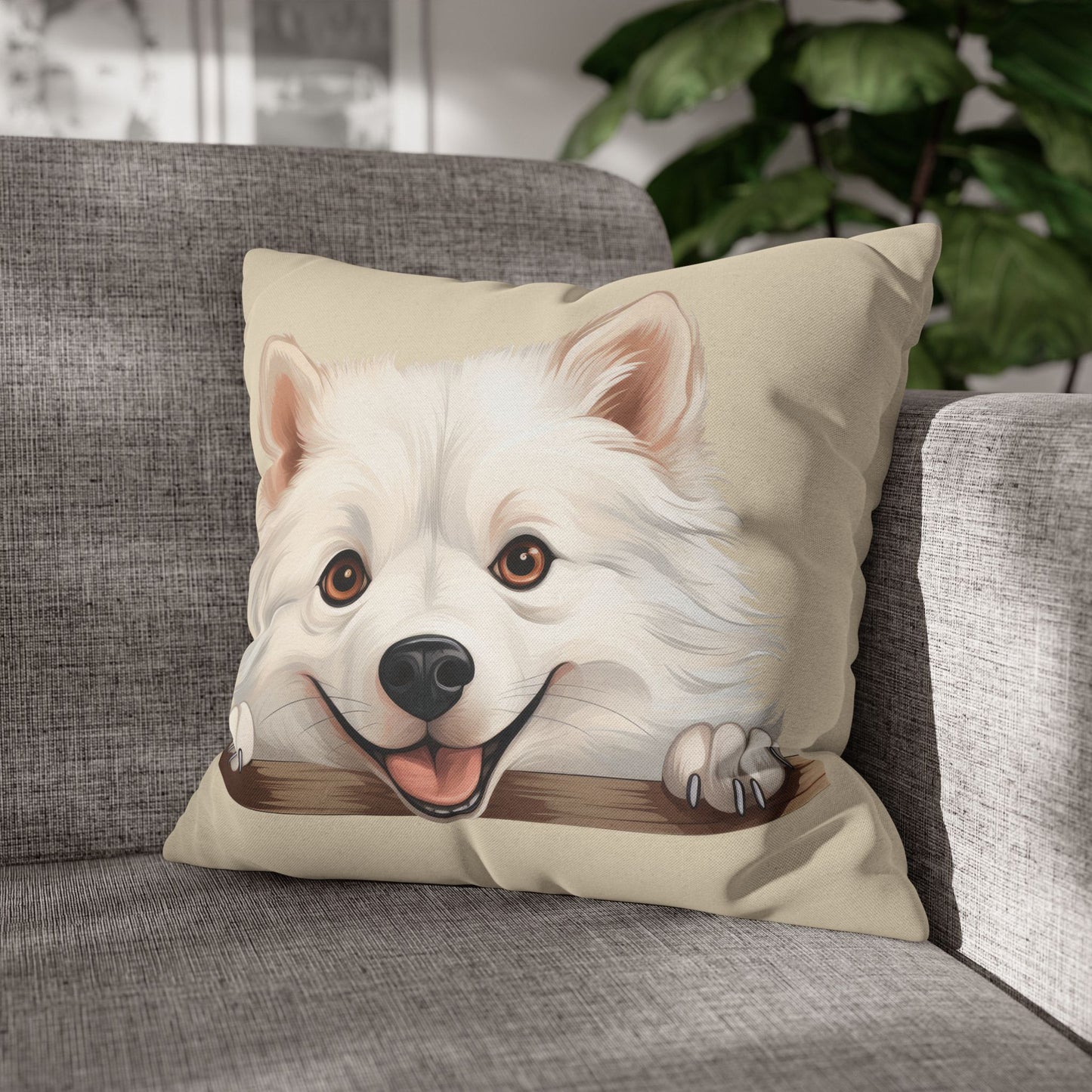 American Eskimo Dog Throw Pillow — Adorable Peeking Puppy Decorative Pillowcase