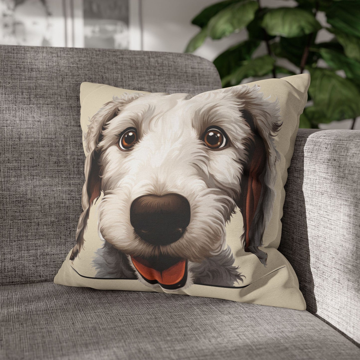 Bedlington Terrier Face Throw Pillow — Whimsical Pet Portrait Cushion Cover