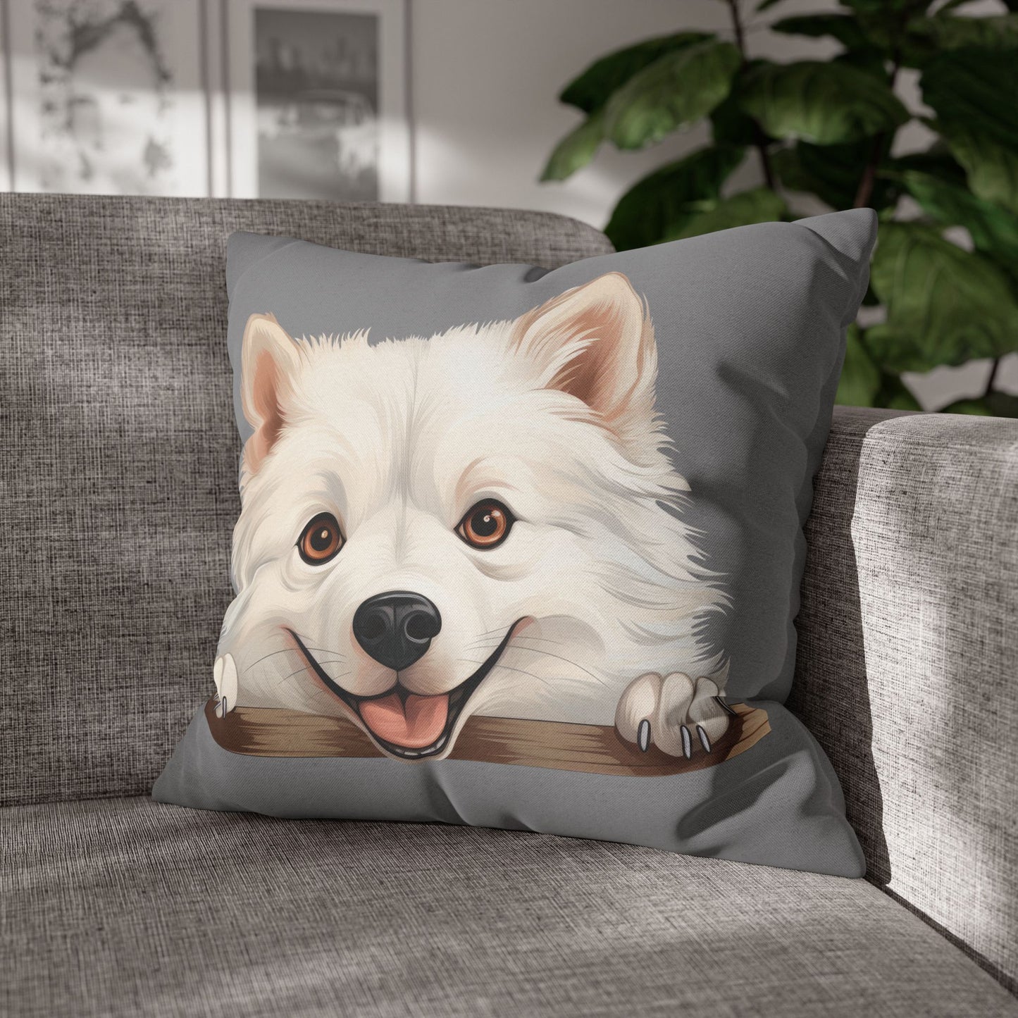 American Eskimo Dog Throw Pillow — Adorable Peeking Puppy Decorative Pillowcase